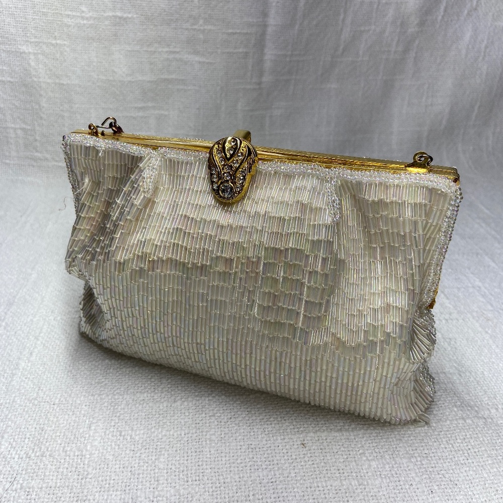 La Regale Ltd iridescent Ivory Beaded Clutch Purse with Gold Tone hardware